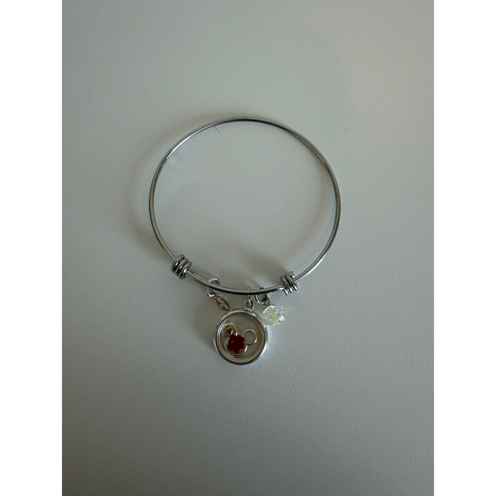 Disney Mickey Mouse Floating Charm Bangle Bracelet Silver Tone Expandable Locket
